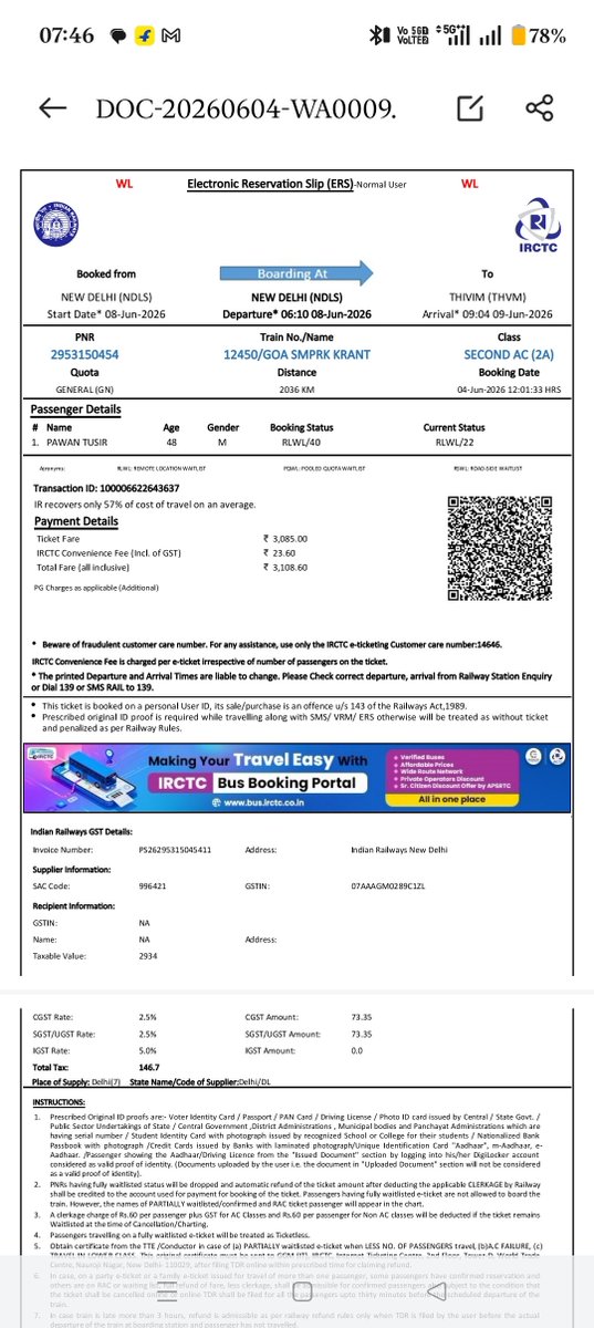 ajitdabas2's tweet photo. @IRCTCofficial @AshwiniVaishnaw मैंने जून-26 में दिल्ली से गोवा के लिए टिकट बुक की थी जो कन्फर्म ना होने के कारण कैंसिल हो गई।लेकिन मुझे अभी तक इसका रिफंड नहीं मिला है।कृपया मेरी मदद करें मैं टिकट की कॉपी और रिफंड का संदेश साझा कर रहा हूं। https://t.co/lZzXQTJdbG