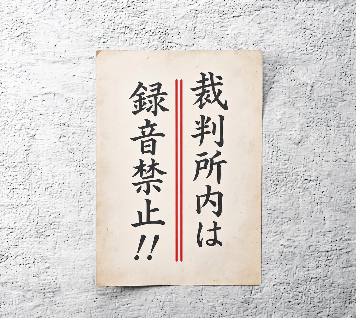 yldK9VcrV058961's tweet photo. これが裁判所内の調停室に貼られている紙です。（＊この貼紙は再現です）
普通これを見ると

「あっ裁判所って録音禁止なんだ！」

と思うのが普通です。
でもこれは裁判所の罠で、裁判官たちは

「録音されていないなら何言っても良い！」

と思っています。
必然的に裁判官や調停員の会話内容は、実子誘拐被害者側へ

「子供は同居親へ渡して余計なことをするな！」

こう言われます。
最初は私も耳を疑いました。
更に裁判官からは

「お前がDVやったんだろ！」

と決めつけられます。令和に入っても裁判所はこんな状態で、信じられないですがこれは真実です。