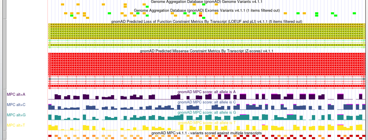 GenomeBrowser's tweet photo. We are excited to announce the gnomAD v4.1.1 and MPC tracks on the UCSC Genome Browser. This release updates gnomAD's variant and constraint tracks and adds new MPC tracks predicting missense deleteriousness. 

Learn more at: https://t.co/PCunYTABcz https://t.co/EiwlUxtquh