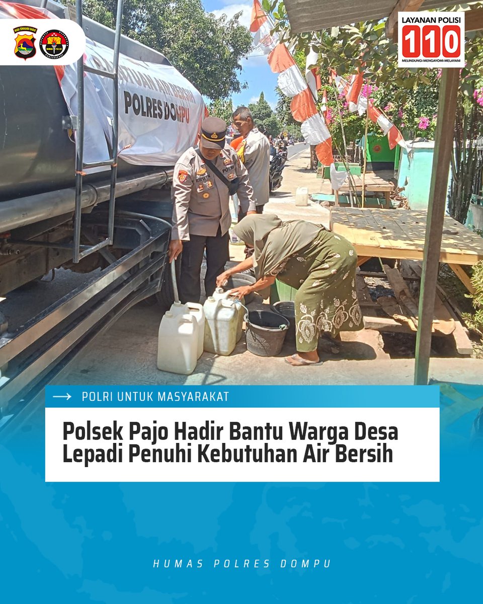 polresdompuntb's tweet photo. Polsek Pajo menyalurkan bantuan air bersih kepada masyarakat Desa Lepadi, Kecamatan Pajo, Kabupaten Dompu, Rabu (26/8/2026), sebagai bentuk kepedulian Polri terhadap warga yang mengalami kesulitan air bersih akibat musim kemarau.

#PolresDompu #PolsekPajo #BantuanAirBersih https://t.co/dEuLGPocWm