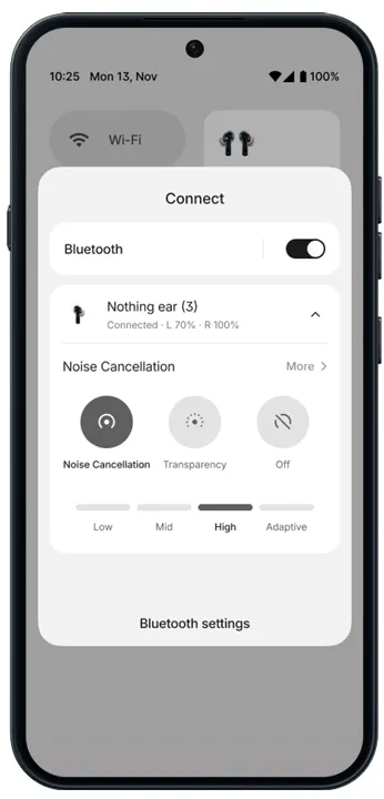 nothingfanboy1's tweet photo. Bluetooth controls have been simplified, too. Tapping a connected device now disconnects it directly rather than taking you into another settings menu. https://t.co/PLGBd51jEM