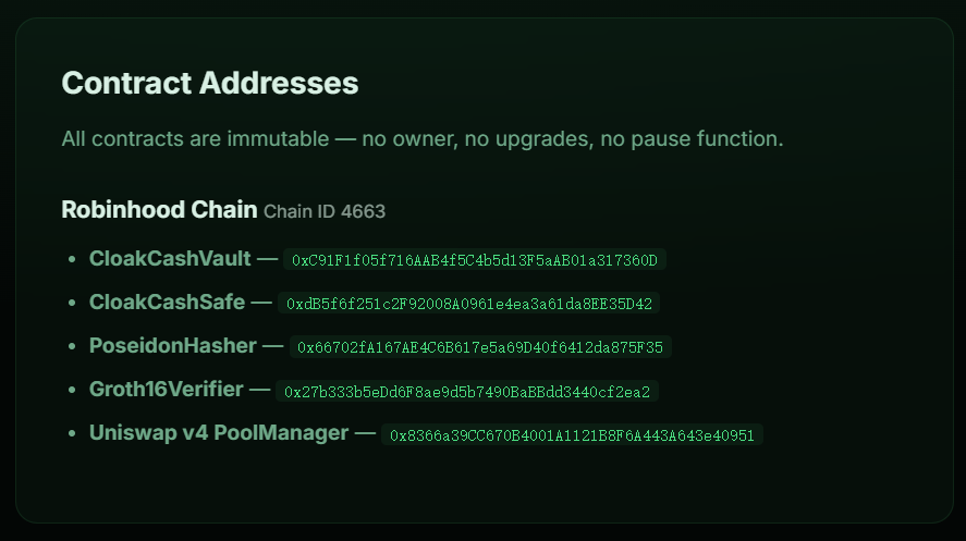 CloakCashVault's tweet photo. Docs: https://t.co/Z42VemH3UT
All related contracts and technical details will be open-sourced on GitHub later; it's currently being uploaded. (No owner, no upgrades, no pause function.) https://t.co/KW3NVUwoKT