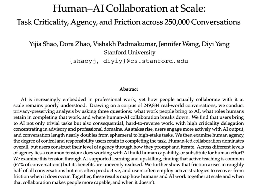 vishakh_pk's tweet photo. Definitely not on my bingo card for 2026, but we got to analyze human-AI collaboration patterns from in-the-wild Claude traffic! https://t.co/fAiziGj3uV