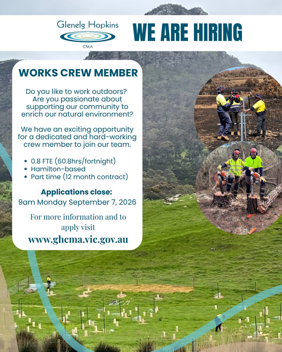 GHCMA's tweet photo. We are looking for a works crew member.
Like the outdoors and meaningfully contributing to the environment? 
This could be the role for you!
Applications close Sept 7.
More information at our website. https://t.co/hv13f8n8FV