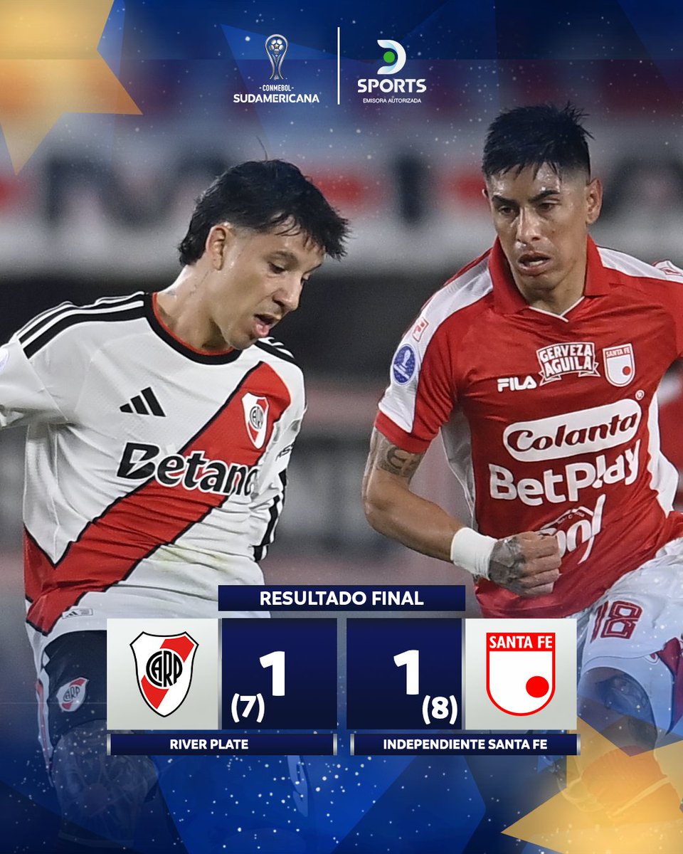 DSports's tweet photo. 🔴⚪ INDEPENDIENTE SANTA FE DIO EL BATACAZO Y ELIMINÓ A RIVER

🇨🇴 El Cardenal hizo historia: tras el 1-1, ganó 8-7 en una infartante definición por penales.

🆚🏆 Enfrentará a Vasco Da Gama en la próxima ronda.

CONMEBOL #SudamericanaEnDSPORTS | #Sudamericana https://t.co/msAou6COCZ