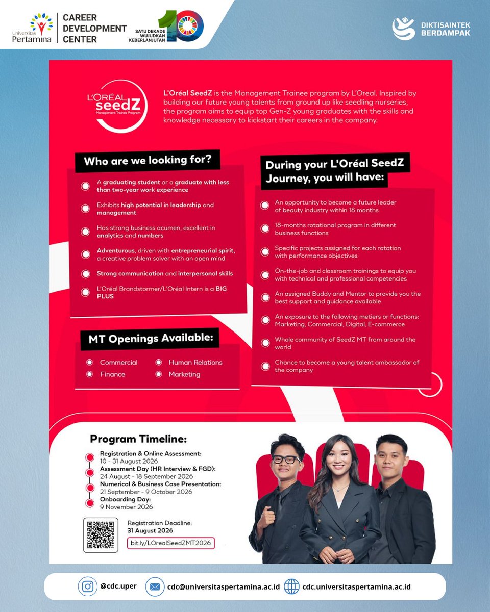 cdc_uper's tweet photo. Calling all passionate young talents—the L’Oréal SeedZ Management Trainee program is officially open! 🚀
📅 Apply by August 31, 2026 Make your mark! ✨
More info: https://t.co/gYDMLvFpKF
#LOrealIndonesia #SeedZMT #ManagementTrainee https://t.co/xsHh7I2I1m