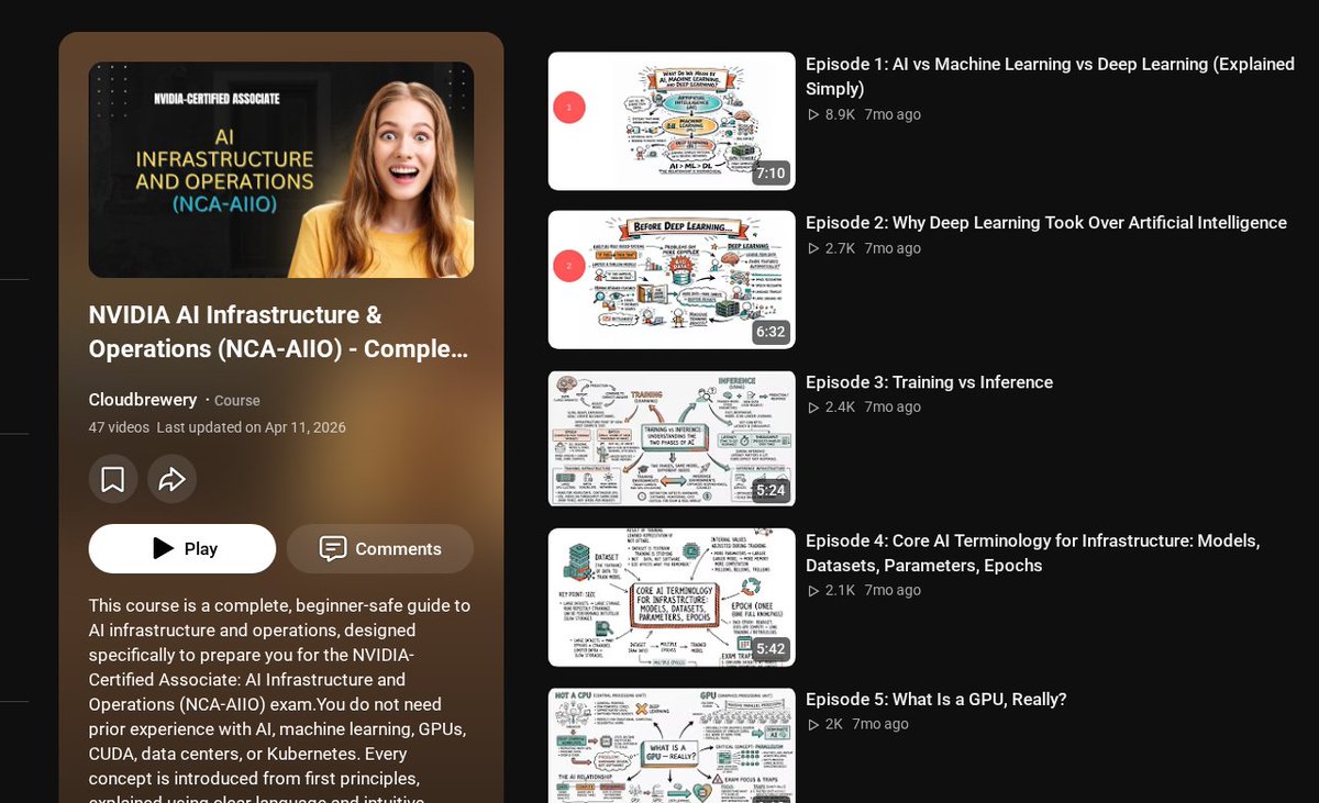 DanKornas's tweet photo. NVIDIA AI Infrastructure & Operations (NCA-AIIO) - Complete Certification Exam Course

What you will learn:
- Build a practical understanding of this part of deep learning
- Understand how models learn, optimize, and improve from data
- Prepare data and features so the modeling work has a solid base
- Connect retrieval, embeddings, and generation into practical AI systems
- Work with sequence, text, and language-modeling problems
- Move from notebooks toward deployable, monitored AI systems

Link is in the reply 👇

♻️ Share this with your network if you found it useful or insightful.