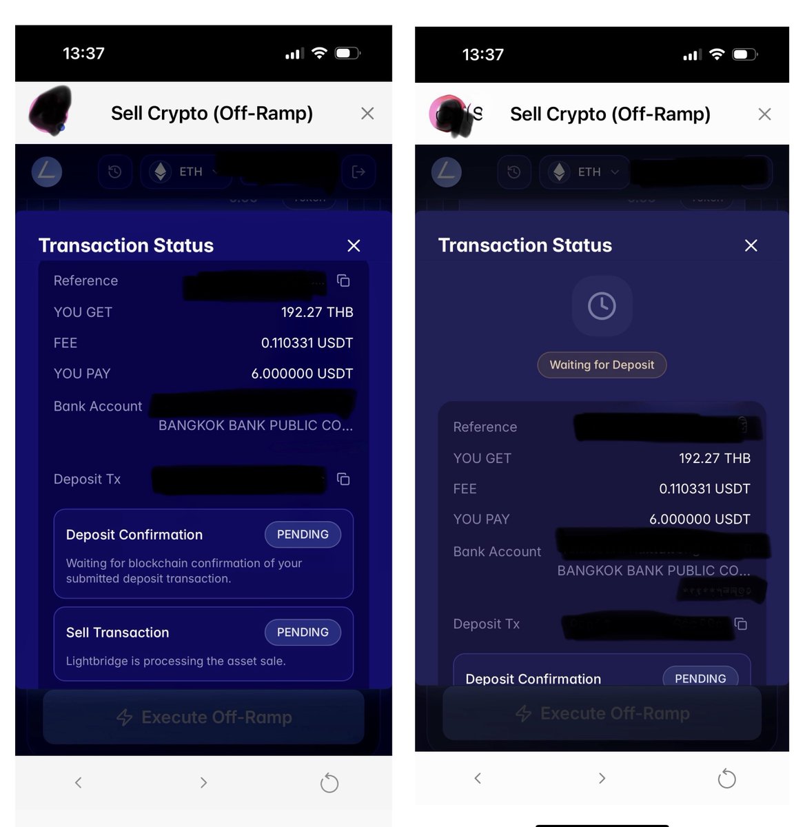 Pure8Nature's tweet photo. $VELO l @veloprotocol l @VeloOfficial_KR 

I tried it and it's finally working!! 🥳

The Off-Ramp by Orbit Plus Wallet from VELO Protocol!! 

I offramped a small amount of $USDT from Orbit Plus to both of my Thai bank accounts yesterday afternoon around 13:30 hrs, and the money landed in both accounts less than 30 mins later. 

I didn’t check it then, but I just checked this morning and the money is there! 

I offramped $6 to Bangkok Bank at 13:37 hrs., money landed on my bank account at 13:57 hrs.

I offramped $10 to SCB Siam Commercial Bank at 13:44 hrs., money landed on my bank account at 14:11 hrs.

Yeah! I’m so happy 😆the off-ramp is working in Thailand 🇹🇭!!