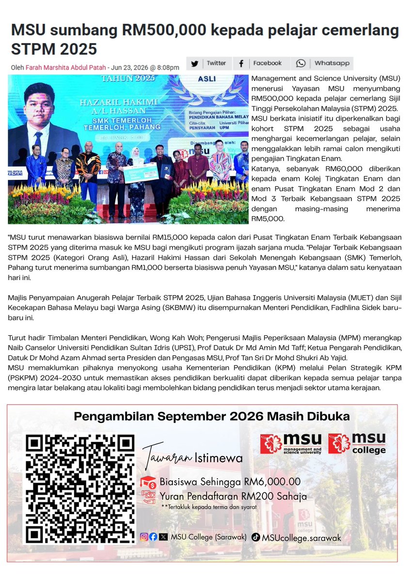 MsucSarawak's tweet photo. Kepada pelajar lepasan #STPM2025 yang masih belum sambung belajar, juh berhubung dengan MSU!
📷 https://t.co/lvYrfTgNo0
#MSUMalaysia
#EveryoneCanApply
#go2msu https://t.co/SJ5lcfODZQ