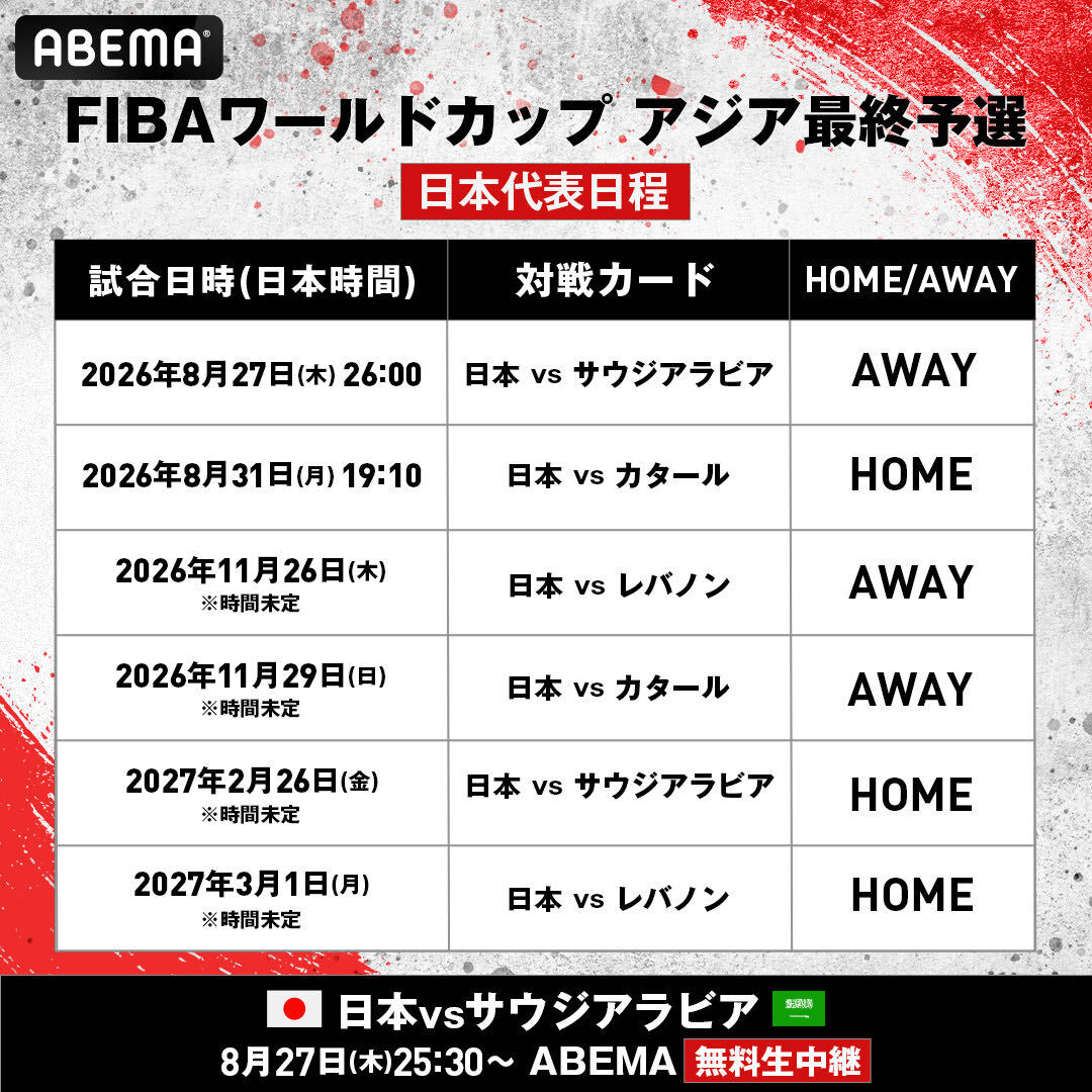 ABEMA_basket's tweet photo. 🏀FIBAワールドカップ アジア最終予選🏀
 グループF順位 &amp; 日本代表日程 一覧表🗒️

みんなで一緒に日本代表を応援しよう📣⛹️

FIBAワールドカップ最終予選
8/27(木)25:30から無料生中継!
🔗 https://t.co/hkMDOodiRT

📅 8/27(木)26:00 TIP OFF
🇯🇵 日本 vs サウジアラビア 🇸🇦 https://t.co/EUes0Q4agR