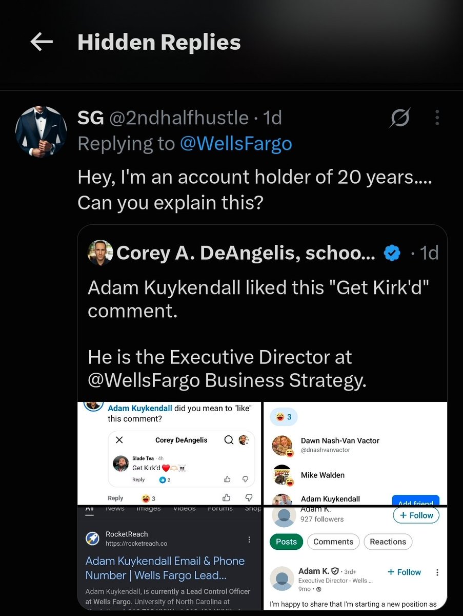 DeAngelisCorey's tweet photo. BREAKING: @WellsFargo has now decided to start HIDING ALL REPLIES mentioning their Executive Director liking the violent "Get Kirk'd" comment on a picture of me and my family. https://t.co/HfpIarGToU