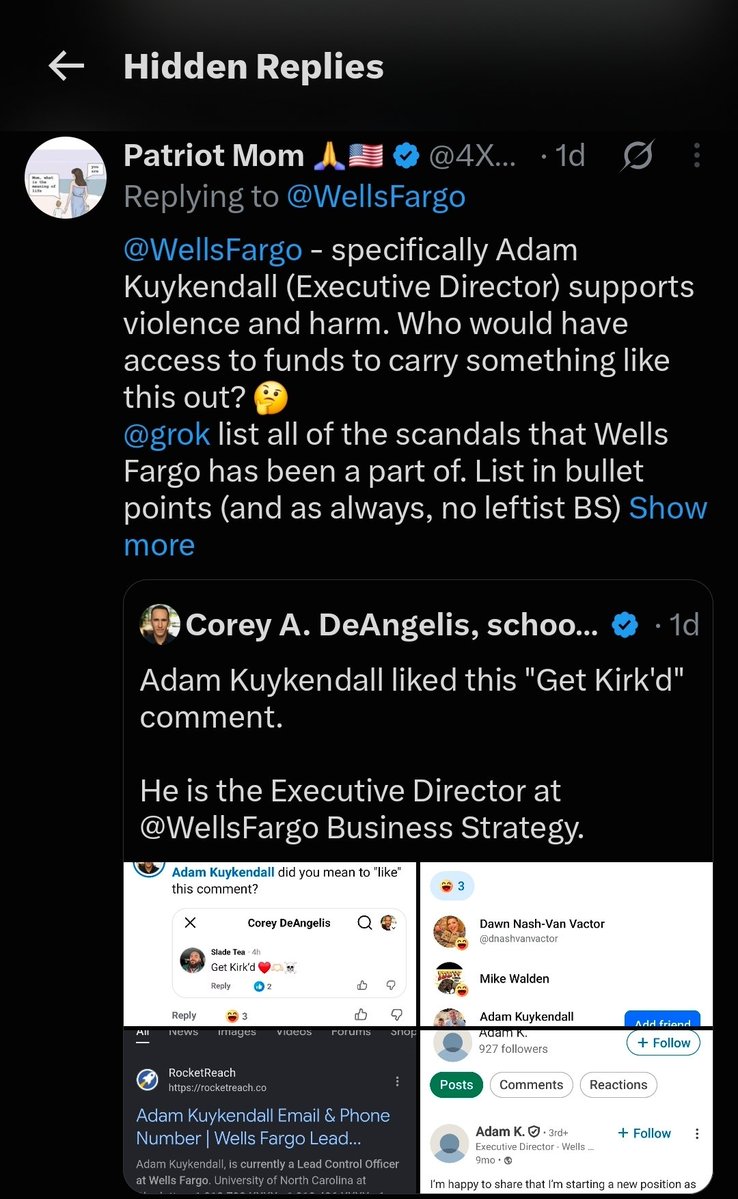 DeAngelisCorey's tweet photo. BREAKING: @WellsFargo has now decided to start HIDING ALL REPLIES mentioning their Executive Director liking the violent "Get Kirk'd" comment on a picture of me and my family. https://t.co/HfpIarGToU