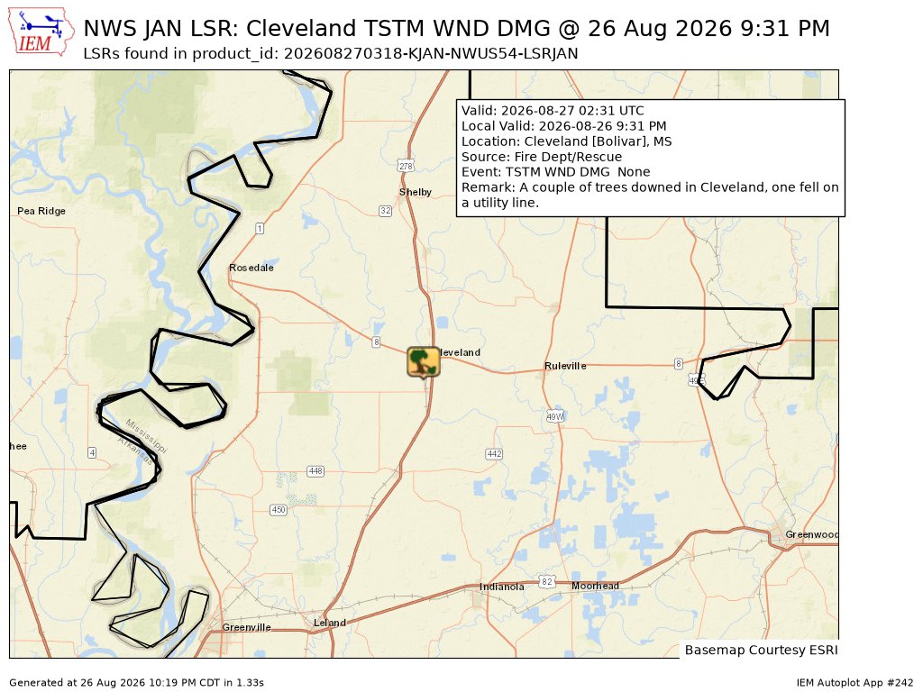 ArkLaMissWX's tweet photo. At 9:31 PM CDT, Cleveland [Bolivar Co, MS] Fire Dept/Rescue reports Tstm Wnd Dmg. A couple of trees downed in Cleveland, one fell on a utility line. #mswx https://t.co/sgLZPnG4Wg https://t.co/gJDzEnM91s