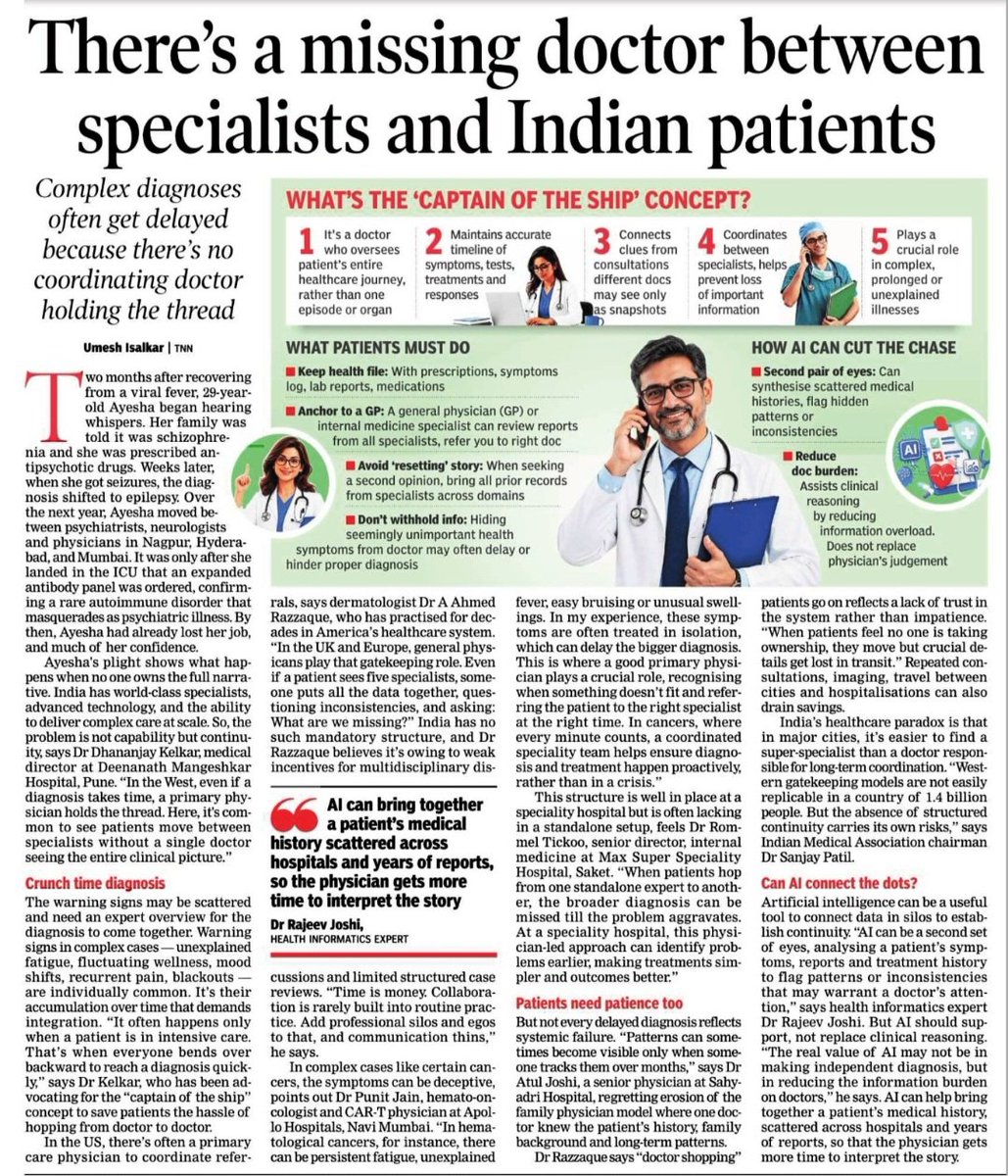 drsthanus's tweet photo. There is a missing link between specialists and patients in India due to the absence of a primary coordinating doctor or General Practitioner (GP) who handles long-term care management and brings all medical records together.

Key Elements of the "Captain of the Ship" ConceptCentral Oversight: 

A single doctor oversees the patient's entire healthcare journey rather than focusing on an isolated medical episode.

Timeline Maintenance: They maintain an accurate, chronological timeline of symptoms, tests, treatments, and medication responses.

Connecting Clues: They evaluate consultation summaries from different specialists that might otherwise be viewed only as disjointed snapshots.

Coordination Between Specialists: They bridge the communication gap between multiple experts to prevent the loss of critical health information.

Complex Illness Management: They play a decisive role when dealing with complex, prolonged, or completely unexplained conditions.

What Patients Must Do...

Keep an organized health file including prescriptions, symptom logs, laboratory reports, and medication histories.

Anchor themselves to a trusted General Practitioner or Internal Medicine Specialist to review outside reports.Avoid resetting their medical story by carrying all previous records across domain lines when seeking a second opinion.

Disclose all symptoms without holding back information, as seemingly minor symptoms can influence a proper diagnosis.

How AI Can Assist....

Synthesize fragmented medical histories and surface hidden symptom patterns or logical inconsistencies across datasets.

Support clinical reasoning and cut administrative burdens to minimize electronic information overload.Act purely as a collaborative second pair of eyes without replacing actual physician judgement.