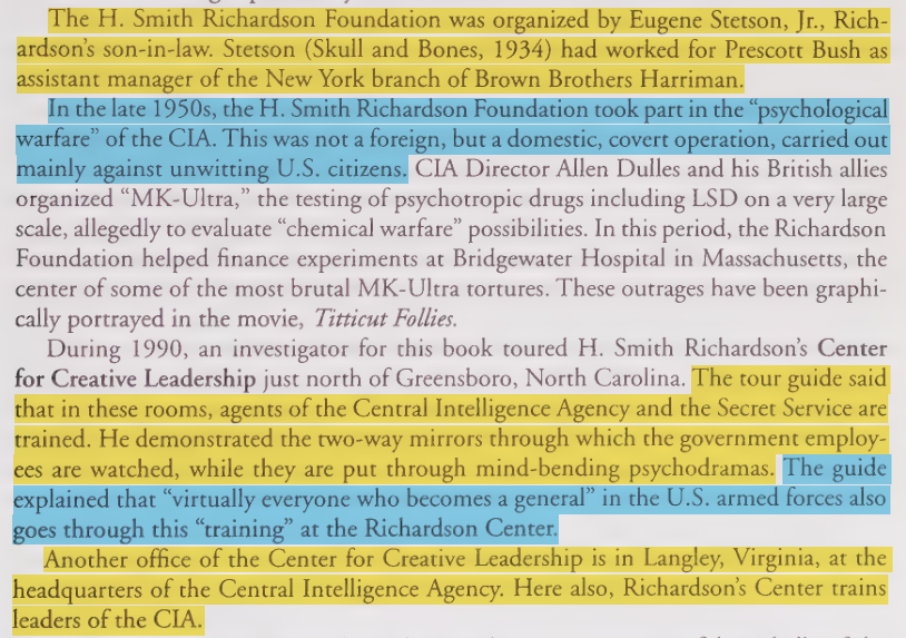 toxictiramisu's tweet photo. The Smith Richardson Foundation financed MKULTRA &amp; founded the Center for Creative Leadership (CCL), where CIA agents, Secret Service &amp; military generals undergo psychological conditioning to become leaders. BIC, the CIA front where Barack Obama was an editor, operated under CCL. https://t.co/hwprBZGmEV
