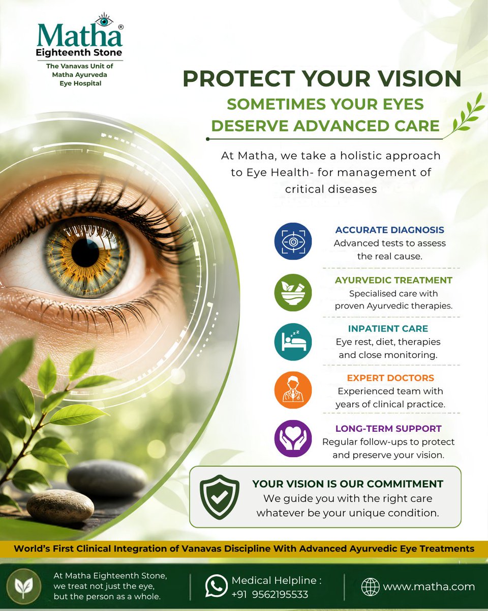 eighteenthstone's tweet photo. 👁️ Protect your vision with specialised care. Matha Eighteenth Stone combines Ayurvedic eye treatment, inpatient care, and regular follow-ups to support eye health and preserve vision.

📞 +91 9562195533
🌐 https://t.co/kwjTjGkXDb

#EyeHealth #VisionCare #Matha #Vanavas https://t.co/n5rI1S5px6