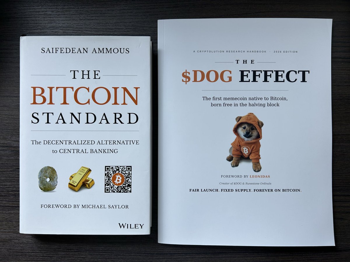0xGreggy's tweet photo. The Bitcoin Standard by Ammous and The $DOG Effect by Vincent (@cryptolution101). 

If you’ve read the first and bought & HODL $BTC till today then you would have no regrets. If you buy & read the second and continue accumulating $DOG, you will have no regrets as well.