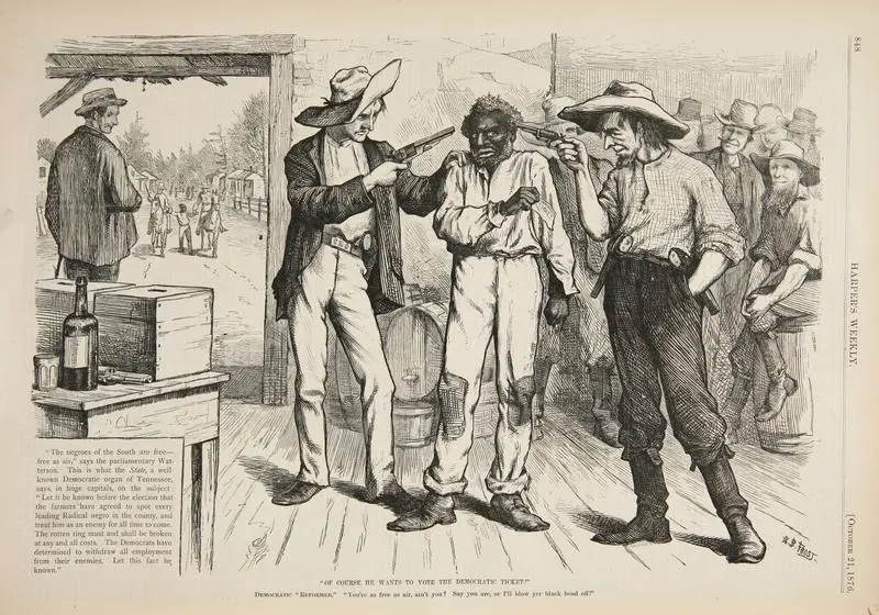 mfenton911's tweet photo. Nothing changes with the Dem Party-  surprising they can convince people otherwise-   
Wood engraving by Thomas Nast from Harper’s Weekly (1876)
This image appeared in Harper’s Weekly in 1876. The caption reads: “Of course he wants to vote the Democratic ticket!” Democratic “Reformer”: “You’re as free as air, ain’t you? Say you are or I’ll blow yer black head off!”