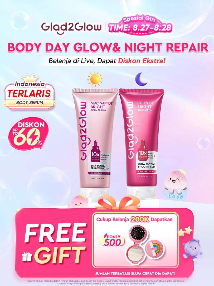 eDaunInspirasi's tweet photo. Body serum viral Glad2Glow lagi diskon UP TO 64%! 😍 Belanja di Live Shopee biar dapet diskon ekstra + FREE GIFT khusus buat kamu.

Jangan sampai kelewatan, cek promonya di sini: https://t.co/a66wN5kJiu
 #BandingkanHematnya #Glad2Glow #BodySerum https://t.co/WM7PvGPrrF