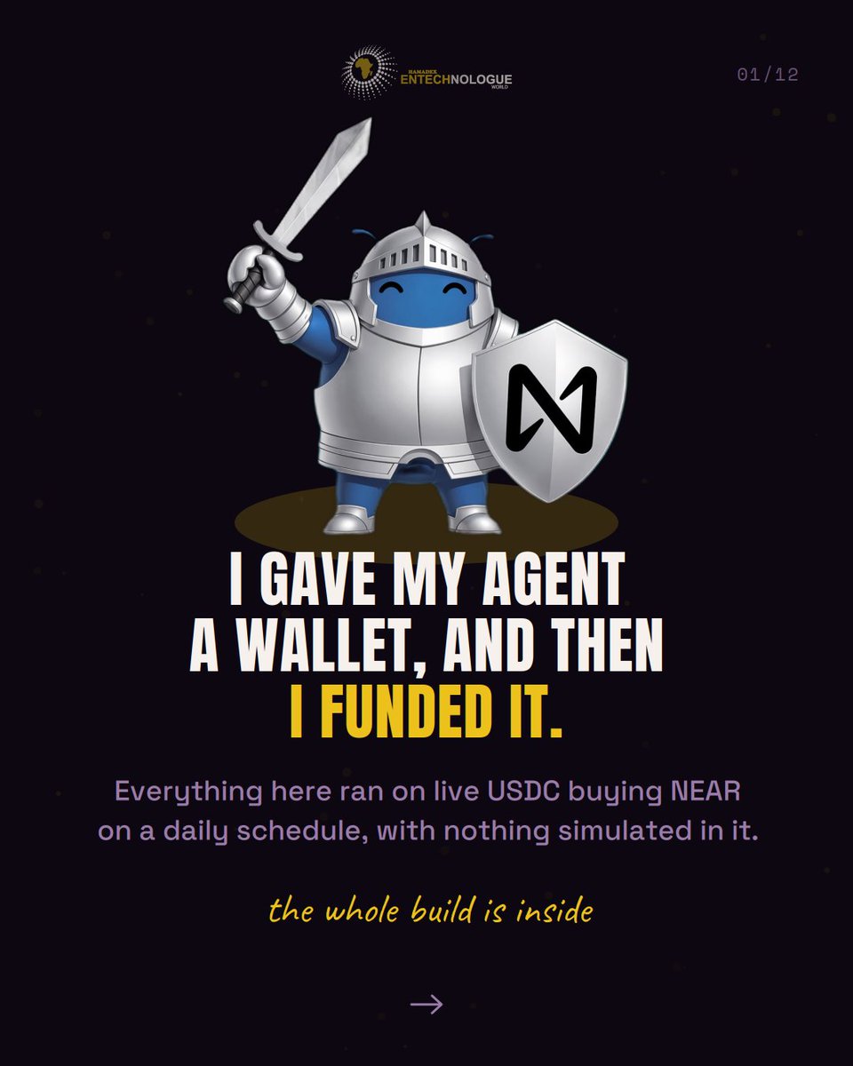 HEntechnologue's tweet photo. Just had a glimpse into what the future of agentic commerce looks like: I gave my @IronClawAI Ai agent a wallet, funded it with real USDC, and told it to buy $NEAR for me every day.

It has been running on schedule since 18 August without me touching it.

Here is the whole setup, step by step.🧵

Swipe for the tutorial on how to set it up.

Link to use @out_layer is down below.