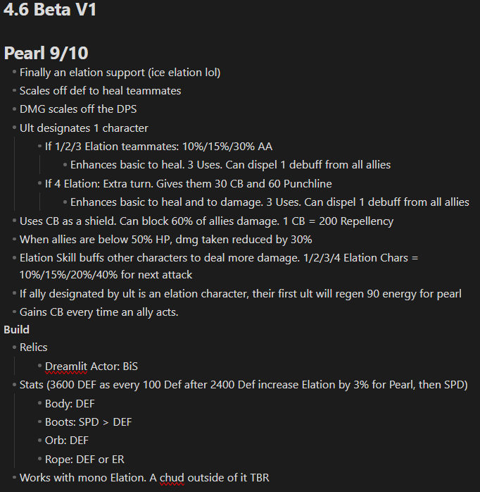 blackclears's tweet photo. HSR 4.6 Beta Pearl V1. TLDR BiS Mono Elation support. A walking battery for elation DPSes, dmg scaling from DPS, DMG reduction, extra DMG. Basically get her for your mono elation setups and free Huohuo or DHPT. #pearl #hsr #beta https://t.co/Ez9AJkoSnx