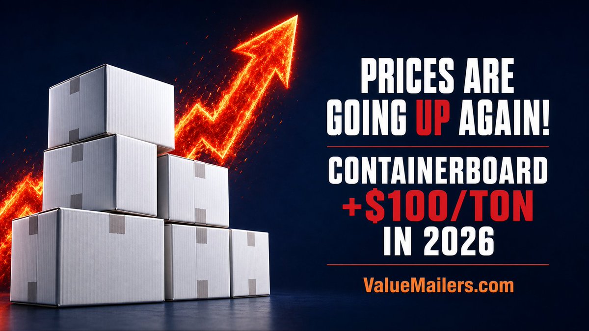 ValueMailers's tweet photo. Prices are going up again. North American containerboard pricing is already up $100/ton in 2026, with another producer-led round slated for September. See what packaging buyers should do now: https://t.co/8Oog2QFiHb #Packaging https://t.co/nxorKDqpTM