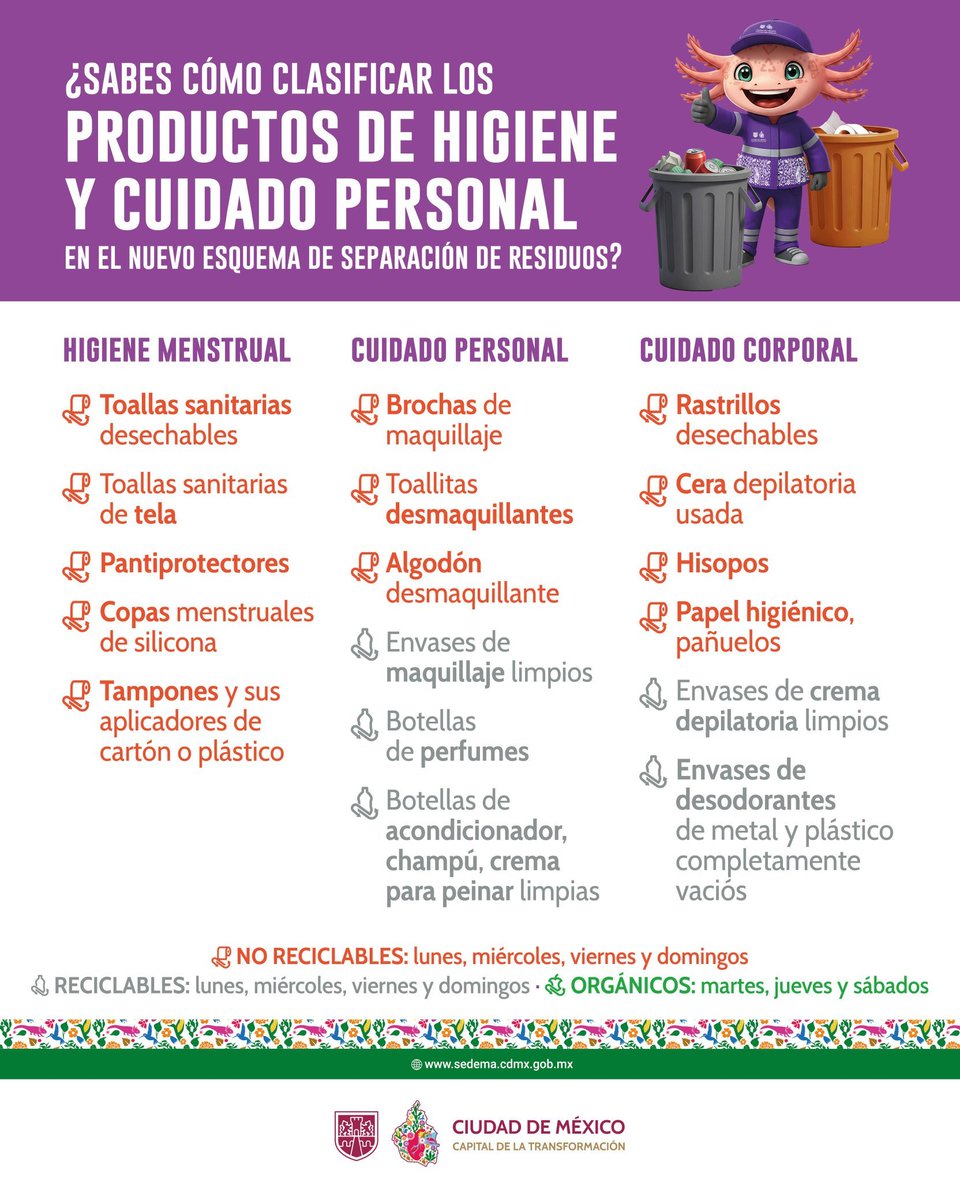 GobCDMX's tweet photo. ¿Tienes dudas sobre dónde van los productos de higiene y cuidado personal? 🤔

🏡♻️ Cuidar la #CapitalDeLaTransformación empieza con acciones pequeñas desde casa que, sumadas, generan grandes cambios para nuestra ciudad y el medio ambiente. 🌱🌎

Aquí te contamos cómo hacerlo de forma fácil y correcta. 👇