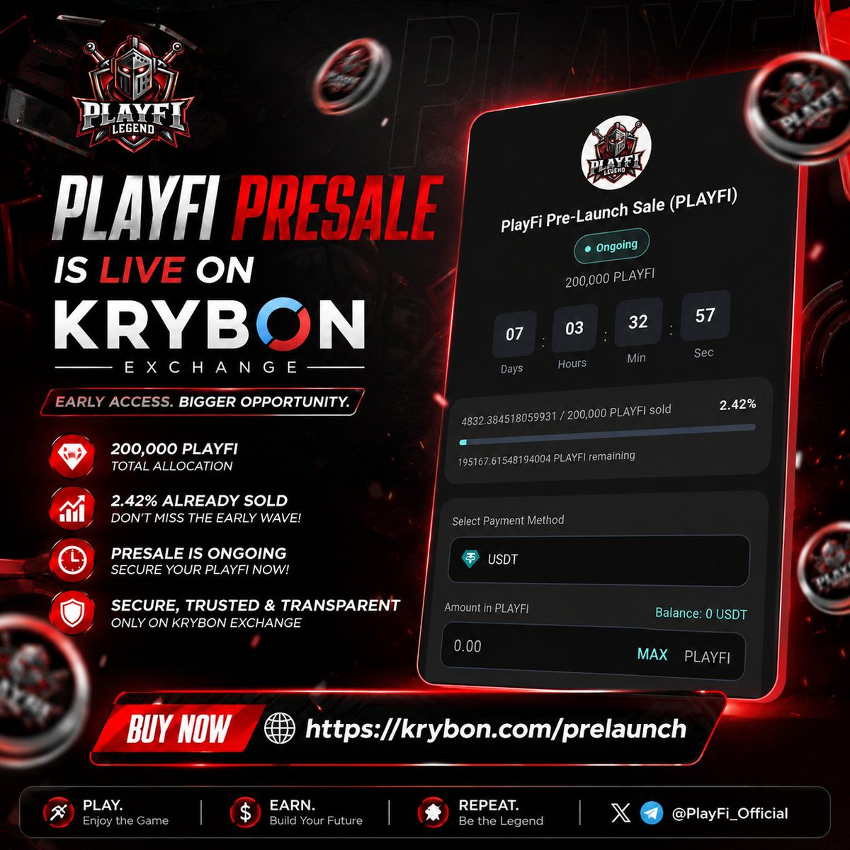 PlayFi_Legend's tweet photo. 🚀🔥 PLAYFI PRESALE IS LIVE ON @Krybon_Exchange ! 🔥🚀

The wait is over. 👀

🎮 PlayFi (PLAYFI) Pre-Launch Sale is now LIVE on KRYBON Exchange!

💎 Limited Presale Allocation
📈 Early Entry Opportunity
⏳ Presale is ONGOING

👉 BUY / JOIN THE PRESALE:
"🔥 Krybon Exchange — PLAYFI Presale" 
https://t.co/PAf8JZ4yYw

🔥 PLAYFI — The GameFi journey starts here.

Are you ready to be part of the early community? 👇🚀

#PLAYFI #PlayFi #Krybon #KrybonExchange #Presale #GameFi #Web3 #Crypto #Web3Gaming #Blockchain