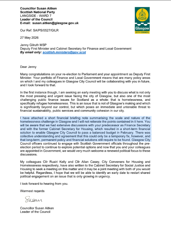 MyDugAlbie's tweet photo. This FOI is not a leak from a critic. 
It is the SNP leader of Glasgow writing to the SNP finance secretary.
She told them refugee homelessness was the most urgent issue in the city and one of the hardest public finance problems in Scotland.
Her words "an immediate threat to financial sustainability, public services and community cohesion."

They had the letter. That is awareness at the top.
What have the SNP done to fix their mess???

Glasgow faces a massively rising refugee homeless issue.
estimates began at £56 m for this year and go up to £93 million for 2028/29.

That's your money.