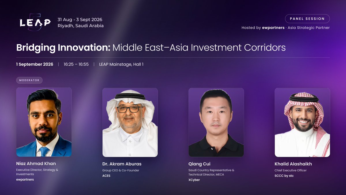 ewpartners_fund's tweet photo. Bridging Innovation. Connecting Capital. Unlocking Opportunity.

The Middle East and Asia are emerging as increasingly connected engines of investment, innovation, and growth. But what is driving this momentum and where are the opportunities ahead?

As the Asia Strategic Partner of LEAP 2026, ewpartners is bringing together leading voices from across both markets for a conversation on how Middle East–Asia investment corridors are creating new pathways for capital, enabling companies to scale across borders, and shaping the next generation of cross-border partnerships.

Join us as we explore where capital is moving, where innovation is converging, and what it will take to build stronger investment connections between the Middle East and Asia.

📅 1 September 2026
⏰16:25–16:55
📍LEAP Mainstage, Hall 1 — RECC Malham

We look forward to seeing you there.

@LEAPandInnovate