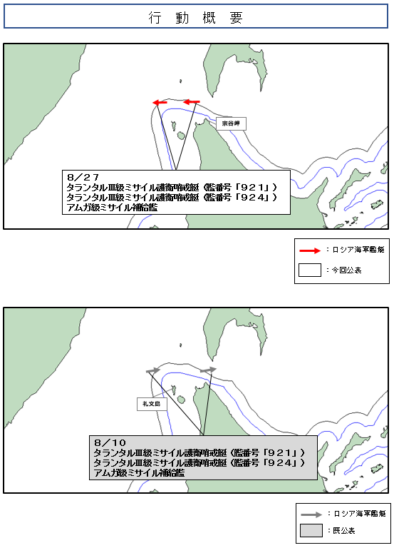 jointstaffpa's tweet photo. 令和８年８月２７日、ロシア海軍タランタルⅢ級ミサイル護衛哨戒艇２隻及びアムガ級ミサイル補給艦の計３隻が宗谷海峡を西進したことを確認しました。
防衛省・自衛隊は、海上自衛隊の第５哨戒防備隊所属「くまたか」（余市）により、警戒監視・情報収集を行いました。 https://t.co/0GHIiPpKba