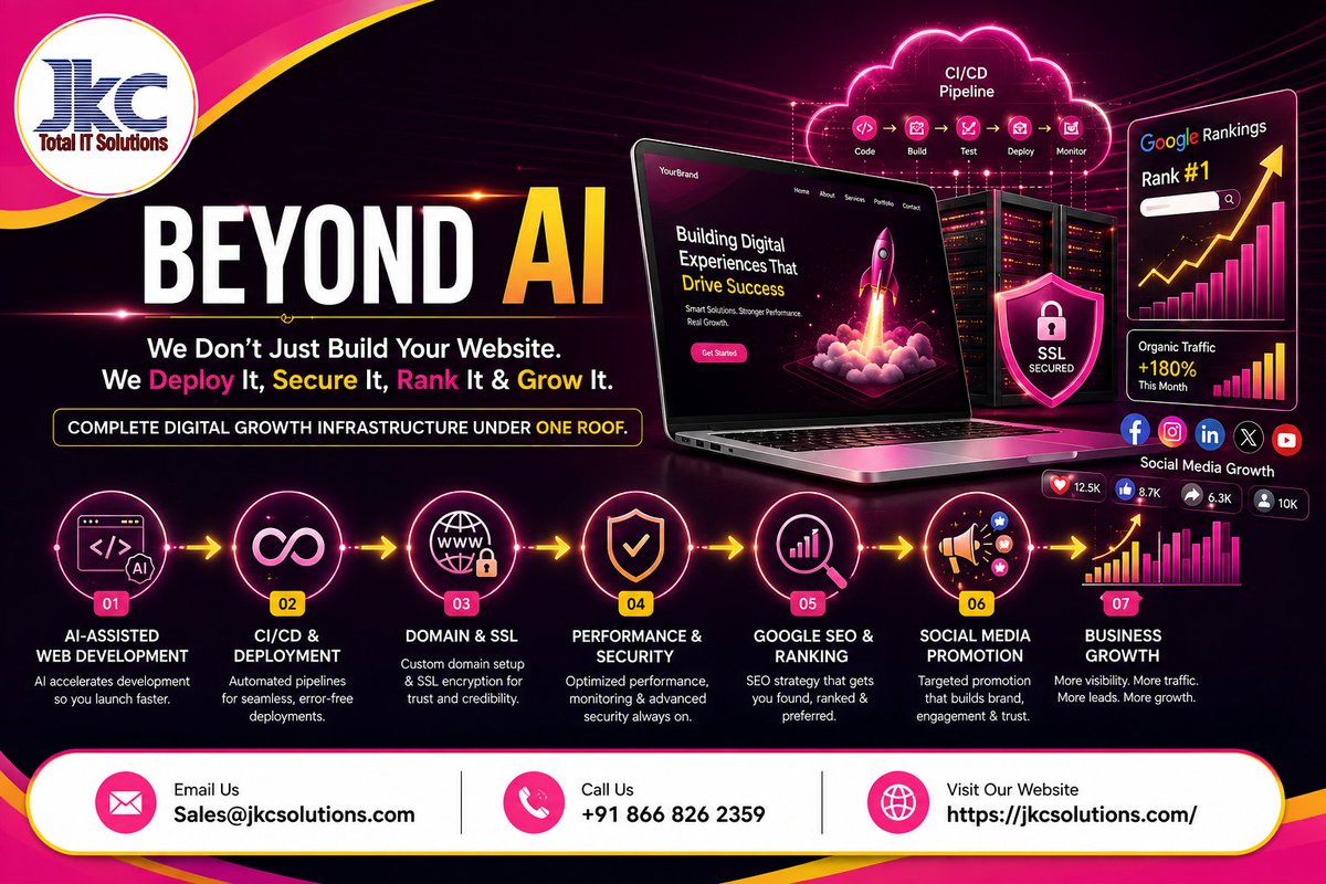 jkcsolution's tweet photo. At JKC Total IT Solutions, we handle it all — CI/CD, SSL, Domain, SEO, Social Media &amp; Digital Growth.

🌐 https://t.co/4EJdpLbdoI
📧 Sales@jkcsolutions.com
📞 +91 866 826 2359
Build. Deploy. Rank. Grow. 🚀
#BeyondAI #WebDevelopment #CICD #DevOps #SEO #DigitalMarketing https://t.co/JOpZ7jmrL7