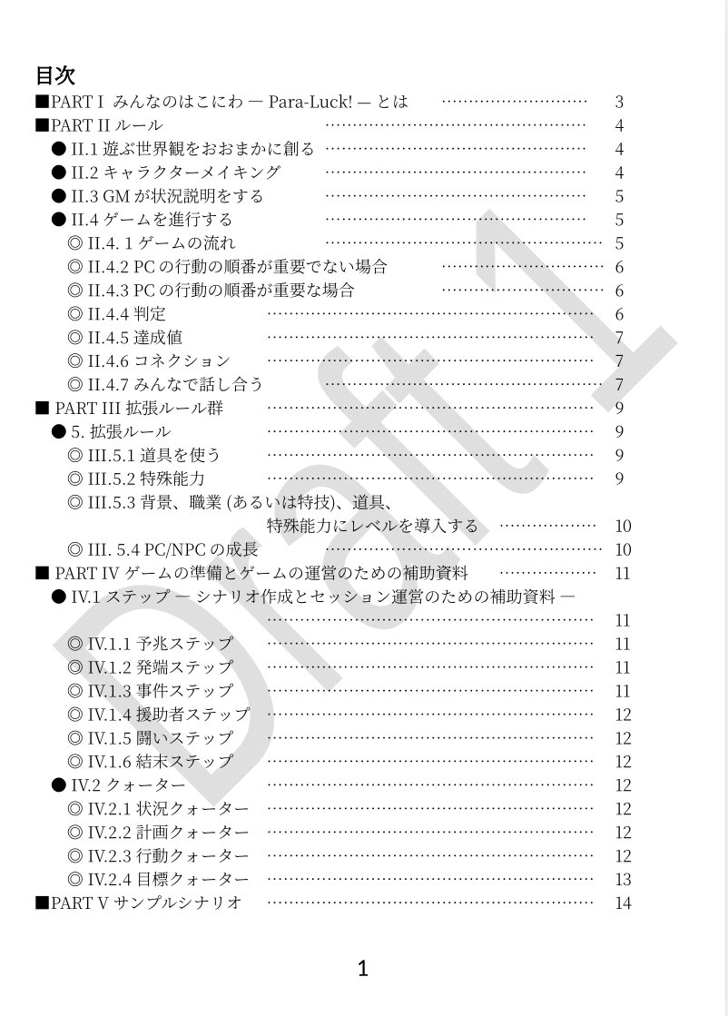kuzuNULL's tweet photo. #ボドゲガレージ 2026秋 に持っていく予定の「みんなのはこにわ 2d6 ― Para-Luck! &amp; Flavor Sketches ―」の目次です。ページ番号は校正によりずれるかもしれません。 https://t.co/OtgkXarkyh