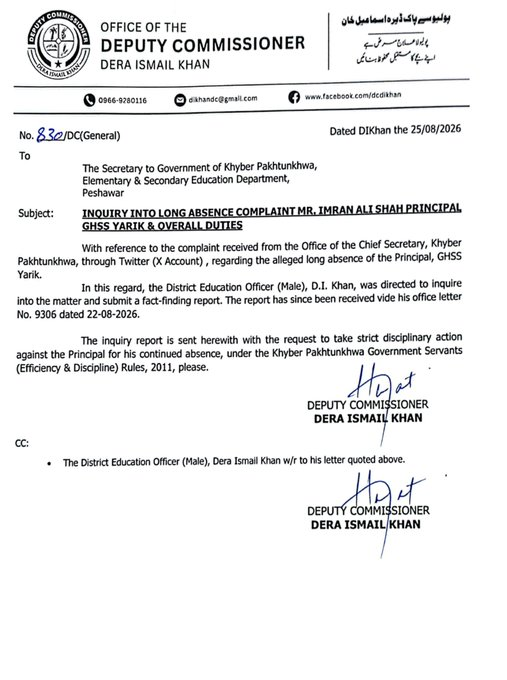 CSKPOfficial's tweet photo. Dear Citizen, upon your complaint AC D.I. Khan conducted a surprise inspection and found the Principal absent from duty. An inquiry committee constituted by District Education Officer DIKhan, completed its findings and recommended disciplinary action. Secretary @KPESED has been requested to proceed against the Principal under the Efficiency & Disciplinary Rules, 2011.