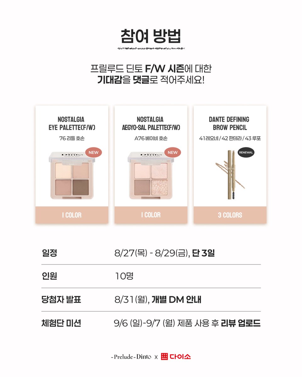 Dinto_kr's tweet photo. [#EVENT] 프릴루드 딘토의 새로운 시즌, Autumn Moment🍂

런칭 후 조기 완판 된 S/S 시즌에 이어
𝗙/𝗪 시즌 한정판으로 돌아온

로즈 밀크티 무드를 담은 노스탈지아 아이팔레트 & 애교살팔레트🤎,
한층 더 정교해진 단테 디파이닝 브로우펜슬 ✏️

누구보다 먼저 프릴루드 딘토의
가을 무드를 완성해 줄 리뷰어를모집합니다 ✨

📢체험단 신청 방법
1️⃣ 딘토 공식 계정(@dinto_cosmetic) 팔로우 & 본 게시물 좋아요/저장
2️⃣ RT & 프릴루드 딘토 F/W 시즌 제품에 대한 기대감 댓글을 작성해주세요!

📢체험단 활동
• 리뷰 방법 : 자유로운 제품 리뷰 포스팅(게시)
• 업로드 기간 : 9/6(일)-9/7(월)

• 모집 인원 : 10명
• 모집 일정 : 8/27(목) – 8/29(토), 단 3일
• 당첨 발표 : 8/31(월), 개별 안내

※ 업로드 확인을 위해 비공개 계정은 참여가 불가합니다.
※ 팔로우 취소 시 당첨 제외될 수 있습니다.
※ 본 이벤트는 국내 거주자에 한해 참여 가능합니다.