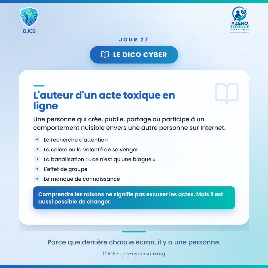 Mariano_Kitche's tweet photo. Recherche d'attention, colère, effet de groupe, banalisation : les raisons ne manquent pas.

Comprendre pourquoi quelqu'un nuit en ligne ne revient pas à l'excuser.

Un clic, un commentaire, un partage peut changer une vie.

#ZéroToxiqueEnLigne
#OJCS https://t.co/J1qzsZA8W1