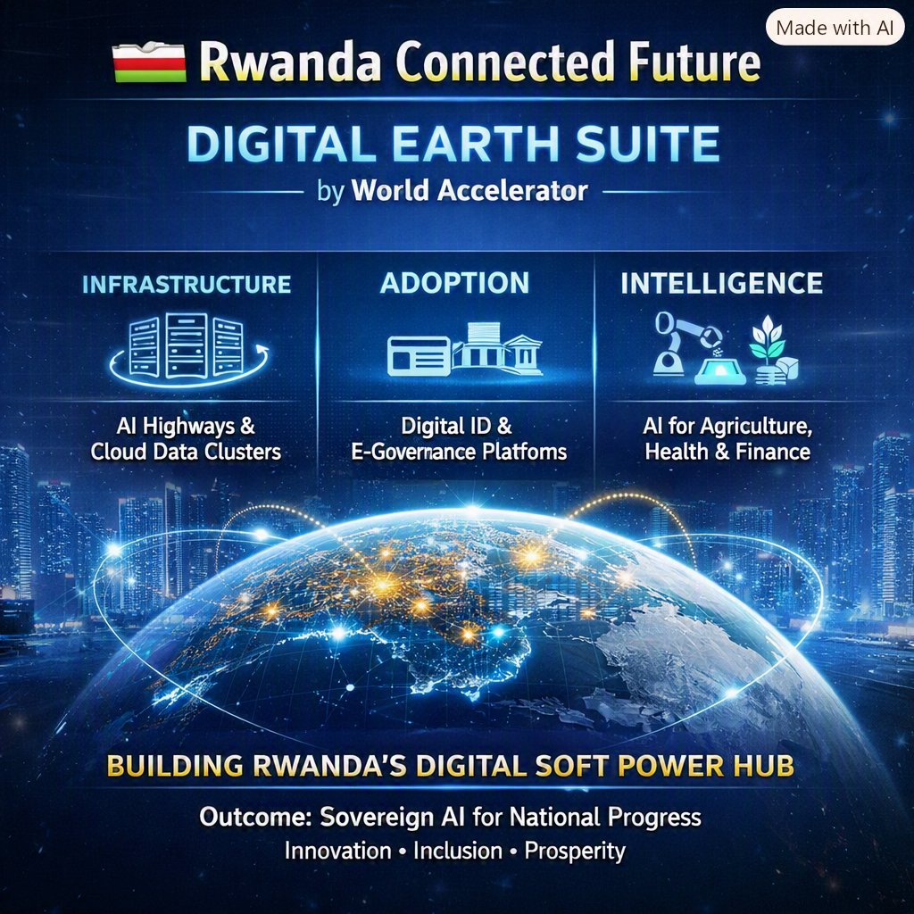 AnubhavSachar's tweet photo. #DigitalEarthSuite ( @_World_Accel Execution)
š·š¼ Rwanda Connected Future ā @DigitalEarthSuite #WorldAccelerator Execution
Building Blocks
.Infrastructure: AI Highways, Cloud & Data Clusters.
.Adoption: Digital ID, eāGovernance, citizen inclusion bridges.
.Intelligence: National AI models for agriculture, health, finance, education.
Outcome: Rwanda becomes Africaās Digital Soft Power Hub.