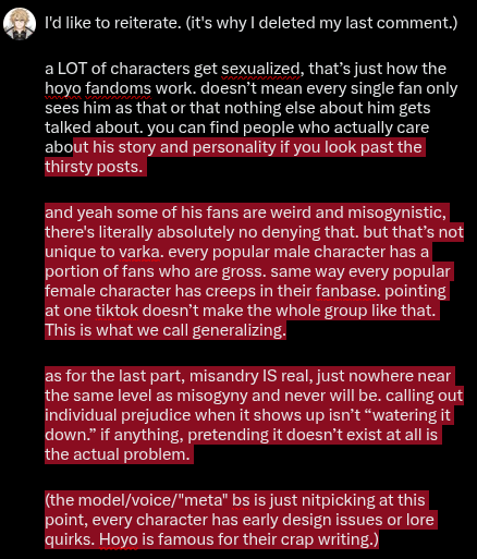 varkasmodel's tweet photo. @alpha_wolfinst and to add someone literally offered to go into his story/character and you continue to keep clowning on him. Can you people just say you don't like him!! You don't have to make posts like, "Varka endings." It's petty and annoying. https://t.co/lvSlL06Y92
