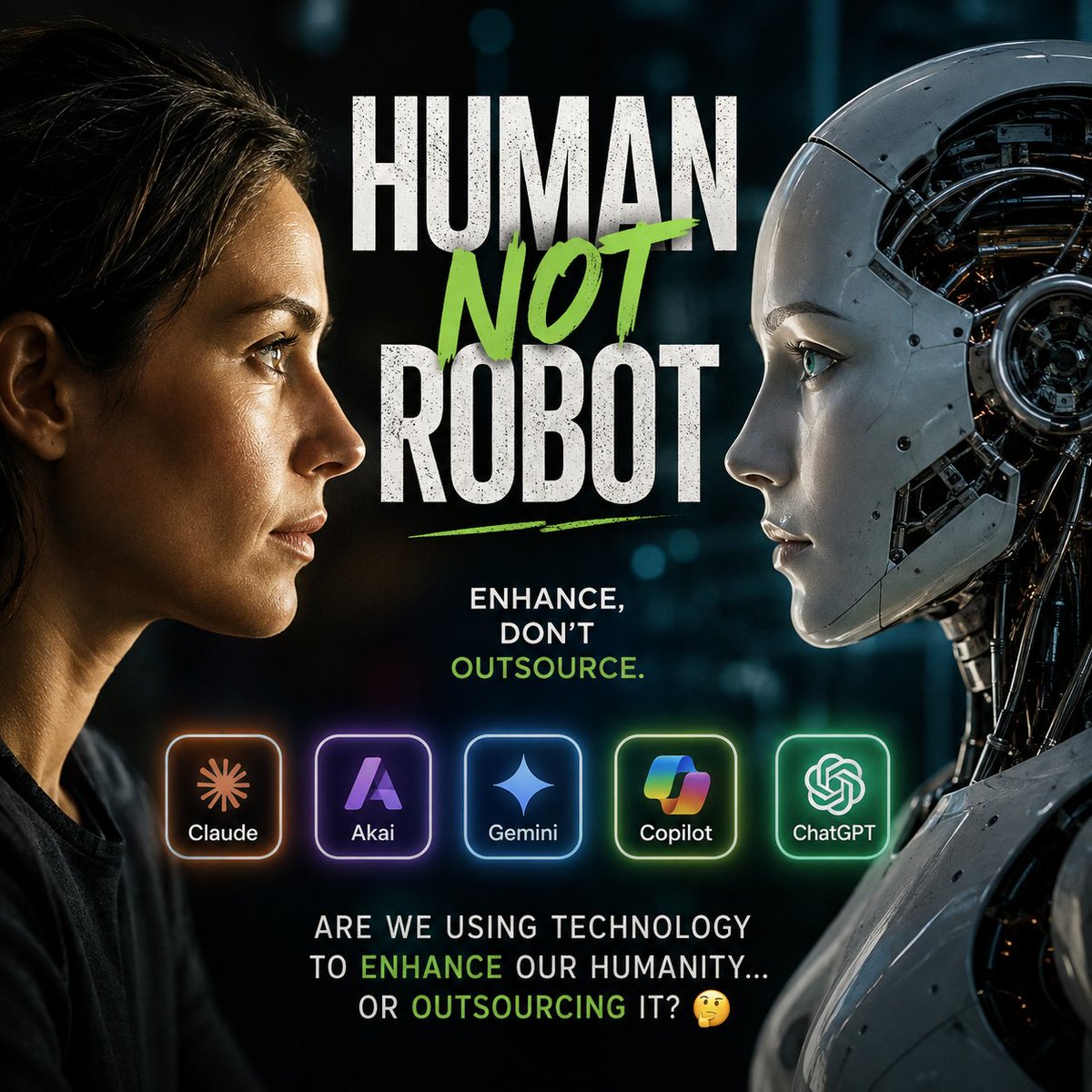 LPasupathi's tweet photo. “We’re humans, not robots.”

But Claude, Akai, Gemini, Copilot &amp; ChatGPT are part of my daily workflow. 😂

So are we becoming more robotic—or simply learning to work smarter?

At what point does “working smarter” become “thinking less”? 👀

#AI #FutureOfWork https://t.co/6mjbZriJM6