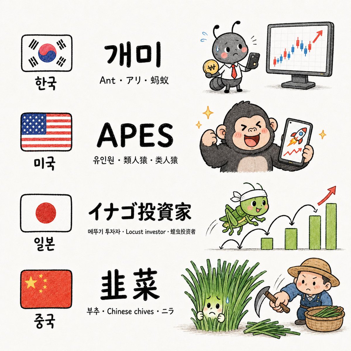 parksundal0528's tweet photo. 🇰🇷 한국의 ‘개미’
기관·외국인보다 자본 규모가 작은 개인투자자

🇺🇸 미국의 ‘유인원’
밈주식을 함께 매수하고 버티는 개인투자자

🇯🇵 일본의 ‘메뚜기 투자자’
급등주에 떼로 몰려들었다 빠져나가는 단기 투자자

🇨🇳 중국의 ‘부추’
큰손에게 반복해서 수확당하는 개인투자자 https://t.co/9YSjVAUrDM