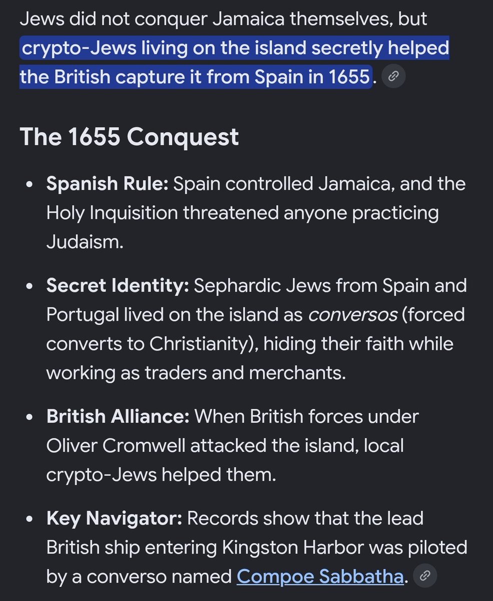 ireallyhateyou's tweet photo. In the 15th and 16th century, Spanish and Portuguese crypto-Jews were among the first colonial settlers in Jamaica. Then, in 1655, they secretly helped the British conquer it from Spain. The lead British ship was piloted by one such crypto-Jew. https://t.co/RGQMejSJat