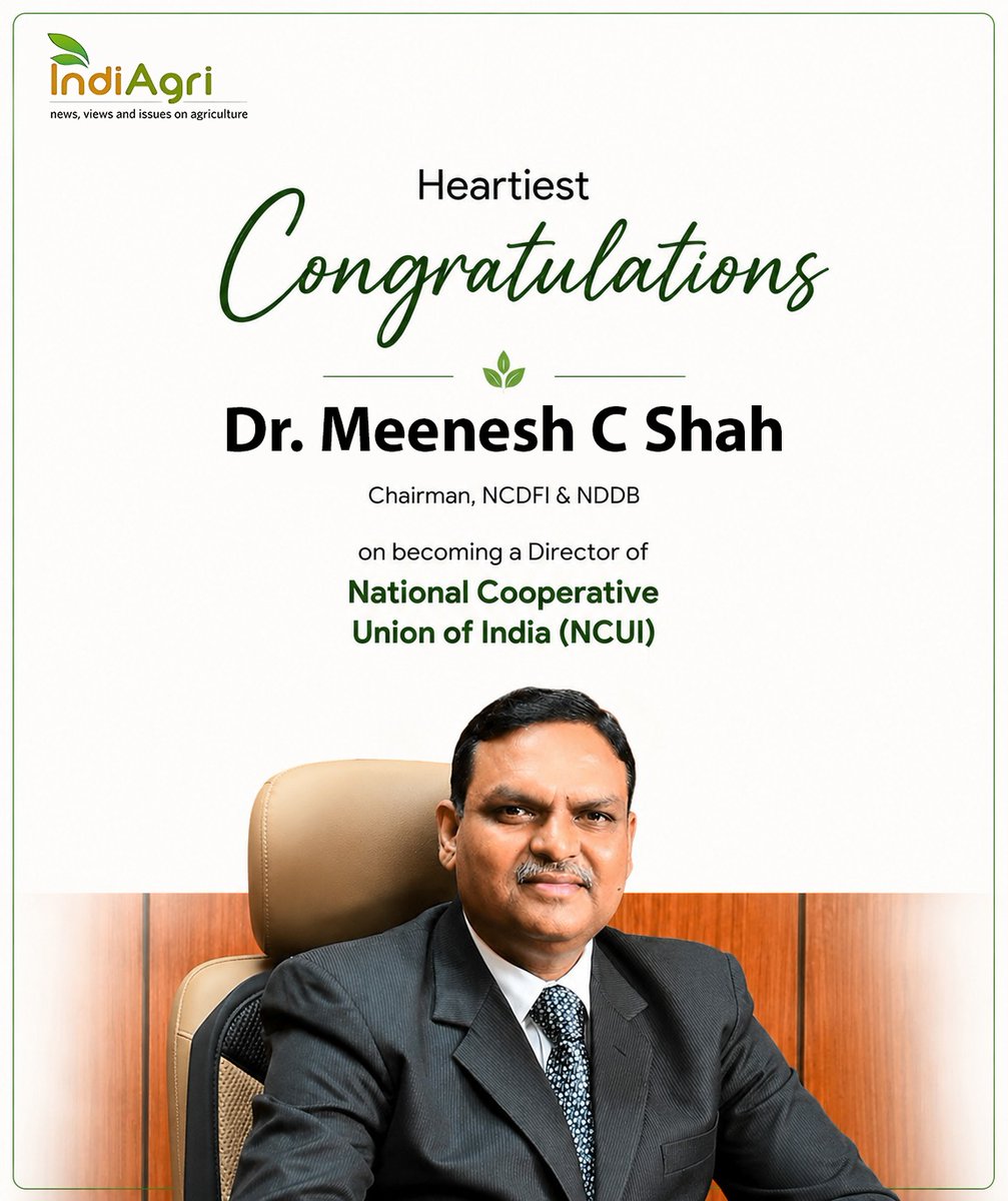 Indiagri's tweet photo. Congratulations Dr @ShahMeenesh, Chairman, @NDDB_Coop & @ncdficoop, on becoming a Director of the National Cooperative Union of India (NCUI).

Dr Shah's leadership and experience in the #dairy cooperative sector will further strengthen India’s #cooperative movement.

@ncuicoop @MinOfCooperatn @Dept_of_AHD @Sajja_NCDFI