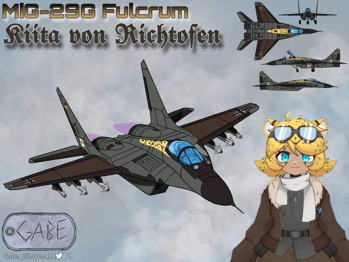 Gabe_SlayerA1's tweet photo. MiG-29G Fulcrum "Kiita von Richtofen."
This is part of a project of mine, in which I turn various Vtubers into jets. Today, with a passion for aircraft too, we have the cheetah @KiitaVT!
Stay tuned for more Vtubers! I also accept requests!
#VtuberAirForce #VTAF #KiitaDecals https://t.co/FD3QNe63A5