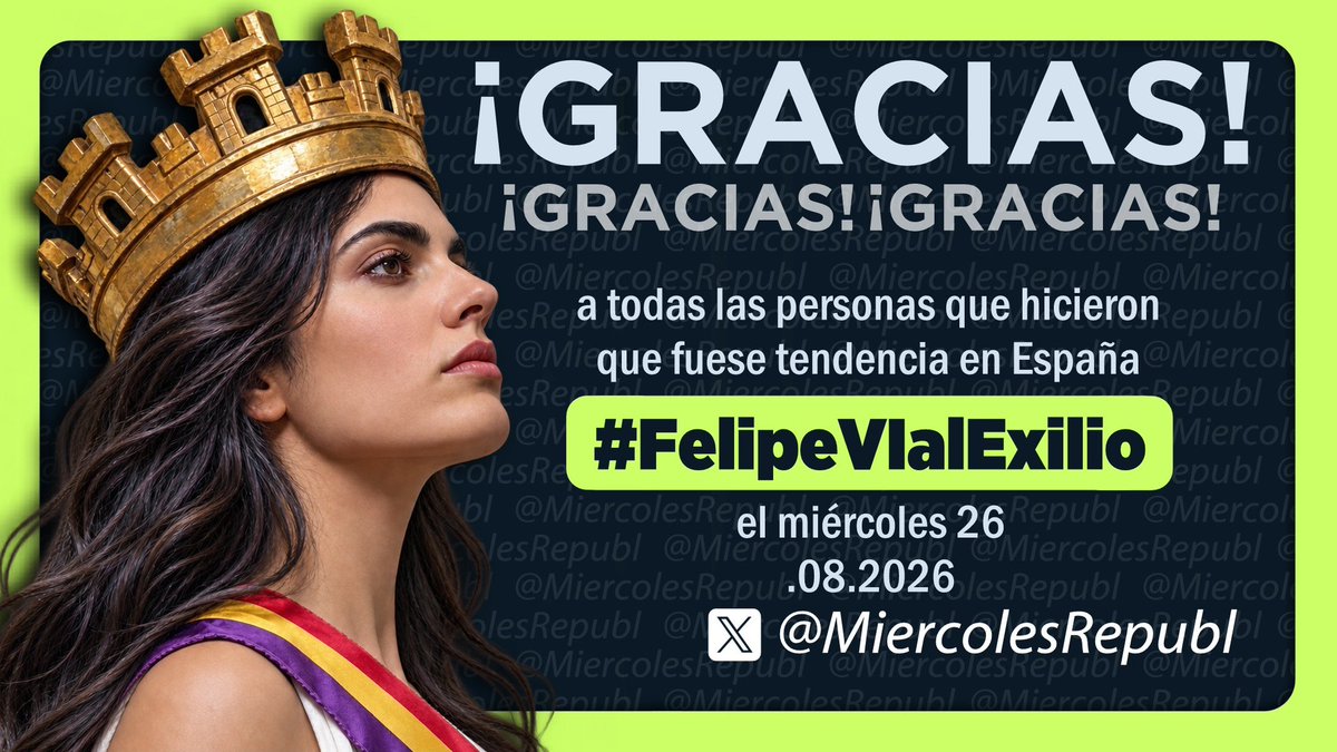 Maga020566's tweet photo. 🔴GRACIAS 🟡GRACIAS 🟣GRACIAS 

Gracias a todas las personas que hicieron que #FelipeVIalExilio❤️💛💜, el hashtag lanzado de ayer 26 de agosto de 2026 por @MiercolesRepubl fuese tendencia en España.

¡Viva la República! #FelizJueves

❤️💛💜🌿❤️💛💜🌿❤️💛💜 https://t.co/0tjPGumy1M