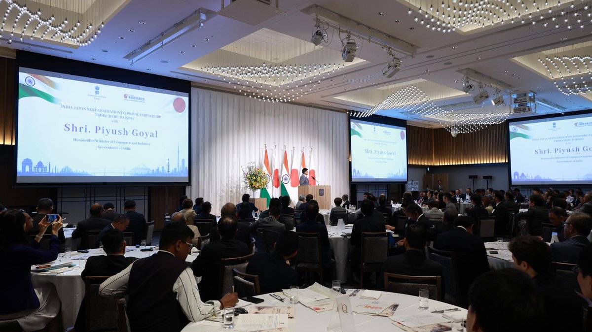 ficci_india's tweet photo. Addressing the Roadshow on Celebrating the India–Japan Next Generation Partnership, with a focus on the Chubu region, Hon’ble Commerce & Industry Minister Shri @PiyushGoyal highlighted three key priorities to Governor of Aichi Prefecture Mr Hideaki Omura and Deputy Mayor of Nagoya Ms Yasuyo Fukiage:

1. Bring Japanese SMEs to India’s industrial parks and write the next chapter of our partnership.
2. Encourage investment survey missions to India to explore new opportunities.
3. Build partnerships with India’s leading business cities, including Bengaluru, Mumbai and Ludhiana.

A stronger India–Japan partnership will create new avenues for investment, innovation and shared growth.

#IndiaJapan #NextGenerationPartnership #Chubu #Aichi #Nagoya #Japan #Investment #MSMEs