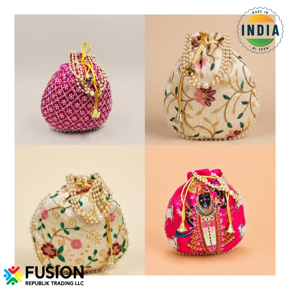 fusionrepublik's tweet photo. Sharing a glimpse of our latest Potli Bag Collection with our valued customers. Perfect for festive occasions, weddings, parties, and traditional looks, these bags beautifully combine style and elegance. Each design is created to add a special touch to your collection. https://t.co/B1qKraSpbJ