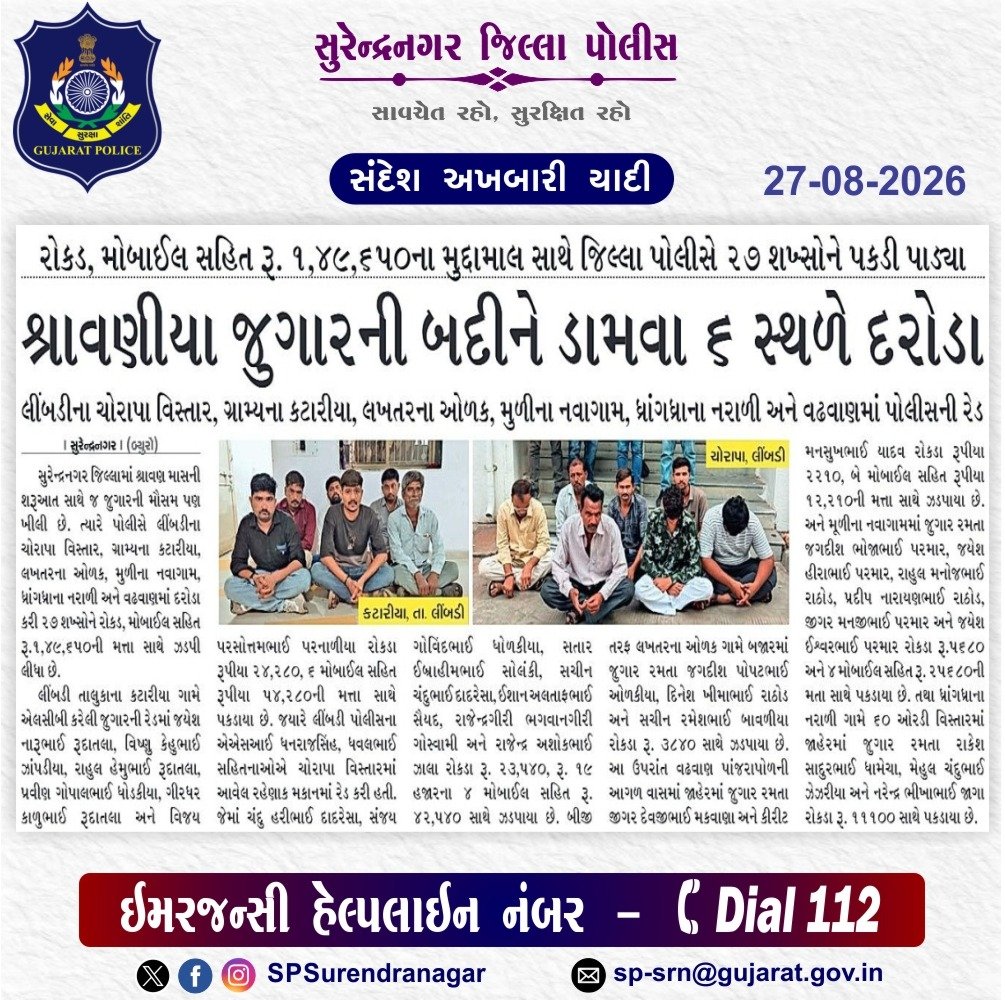 SPSurendranagar's tweet photo. સુરેન્દ્રનગર જિલ્લા પોલીસ દ્વારા કરેલ કામગીરી ની અખબારી યાદી

@GujaratPolice 
@dgpgujarat 
@DIGPRajkotRange
@DeluPremsukhIPS https://t.co/TMtjGqQL1U