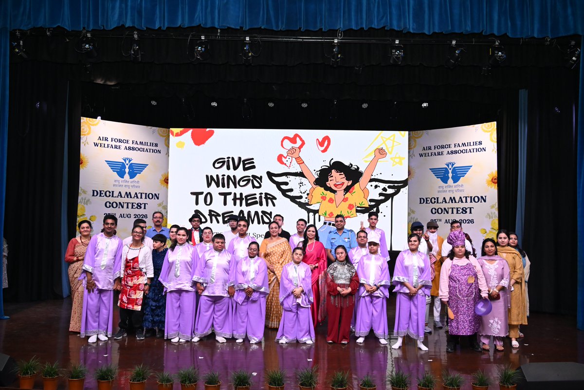 IAF_AFFWA's tweet photo. On 25 Aug 2026, AFFWA HQ conducted the AFFWA Declamation Contest 2026 at the Air Force Auditorium, Subroto Park, New Delhi, bringing together 16 participants representing various AFFWA (Regionals).

An esteemed panel of six judges evaluated the contestants. The English category was judged by Mrs Nandita Mukerji, Author Sherry, and Mr Neelesh Kulkarni, while the Hindi category was judged by Sr Prof (Dr) Niranjan Kumar, Prof Punam Kumari, and Dr Vibhavari. With participants displaying remarkable confidence, clarity, and conviction, selecting the winners proved to be a challenging task for the judges.

In the English category, Master Redhaan Thakurdas from AFFWA (R) CAC was declared Runner-up, while Master Lakshya Vats from AFFWA (R) SWAC emerged as the Winner. In the Hindi category, Miss Shipra Tripathi from AFFWA (L) ASTE, Air HQs was declared Runner-up, while Master Chirag Janmeda from AFFWA (R) WAC emerged as the Winner.

Adding to the vibrancy of the event, Master Rehaan Nazeer, a Class XI student of TAFS, showcased his remarkable talent as a drumming sensation, while the special presentation “Sapno ki Udaan” by the students of Umeed VTC and AFGJI, Subroto Park, added a memorable and inspiring dimension to the programme.

The judges also shared their “Pearls of Wisdom” with the participants and audience, offering valuable insights on confidence, communication, expression, perseverance, and personal growth.

The contest celebrated the power of expression, confidence, and young talent, making the finale a truly memorable occasion for the AFFWA family.

#AFFWA #DeclamationContest2026 #YoungVoices #Confidence #Expression #IndianAirForce #IAFFamily #YouthEmpowerment #TAFS

@IAF_MCC
@OfficialAwwa
@NWWA_INDIANNAVY
@CAC_CPRO
@hqwaciaf
@SWAC_IAF
@Prodef_blr
@DefencePROTvm
@MC_IAF
@EAC_IAF