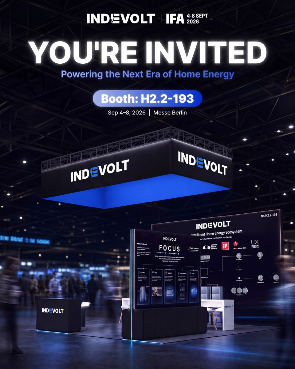 indevolt's tweet photo. Indevolt is heading to #IFA2026 in Berlin! 🇩🇪

Come explore our latest smart home energy solutions and see what’s next for your energy independence. ⚡️

📍 Booth H2.2-193
📅 Sep 4–8, 2026
📌 Berlin, Germany

Stop by and say hi! 👋

#IFABerlin #EnergyStorage #SmartEnergy #CleanEnergy