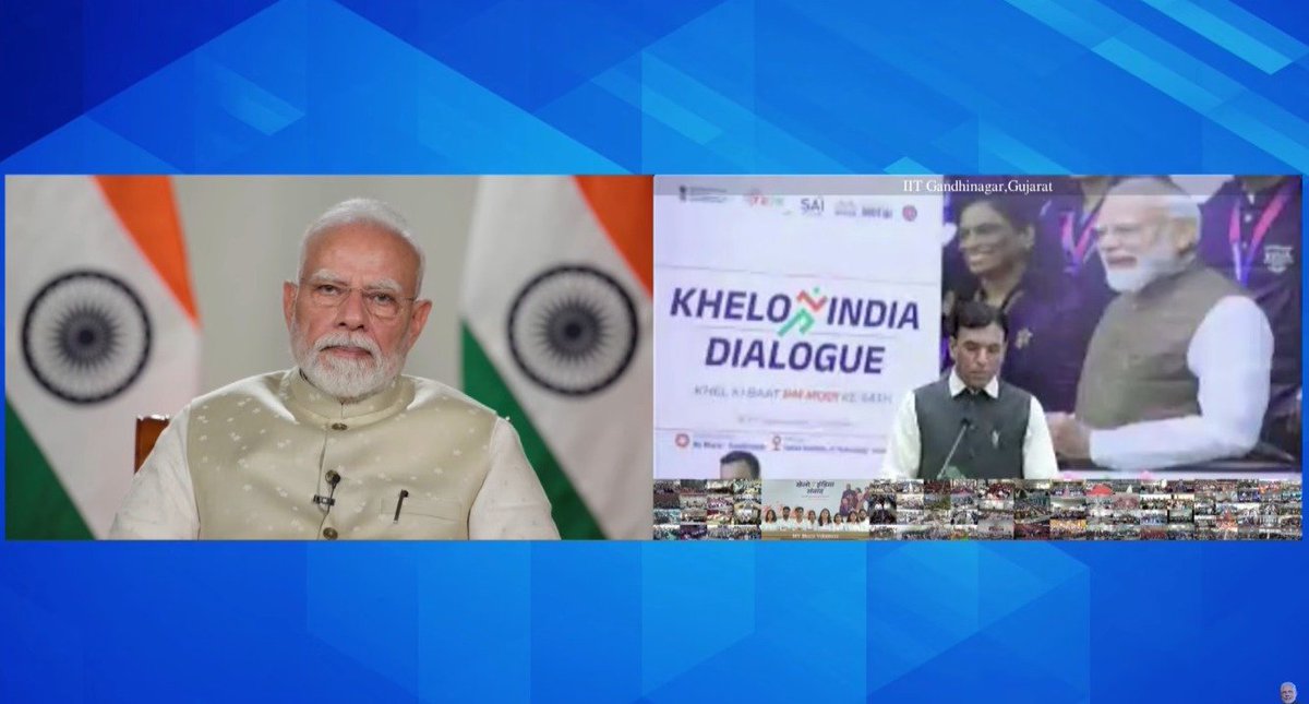 YASMinistry's tweet photo. Hon’ble Union Minister for Youth Affairs & Sports, Dr. Mansukh Mandaviya, warmly welcomes Hon’ble Prime Minister Shri Narendra Modi to the Khelo India Dialogue. 🇮🇳

The dialogue brought together youth across 5,000+ locations to engage on sports, fitness, discipline and their role in advancing the vision of a Viksit Bharat.

Khel Ki Baat, PM Modi Ke Saath — with the energy of youth, for a Viksit Bharat.

#KheloIndiaSamvaad